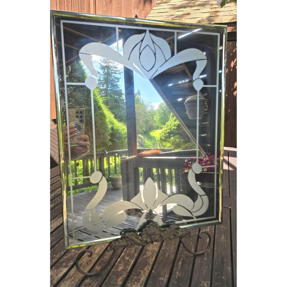Vintage Marsel Etched Glass Art Deco Mirror Gold Frame 16x20